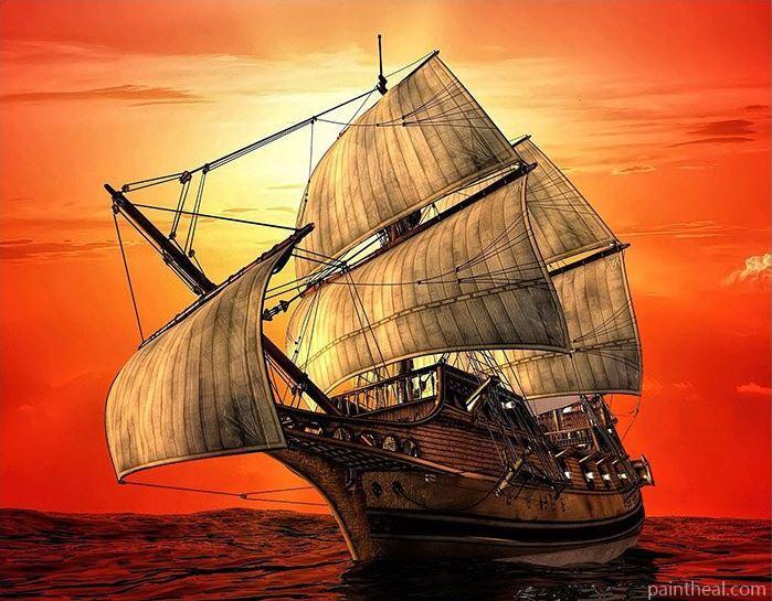 Ship In The Sea At Sunset Painting By Numbers Kits