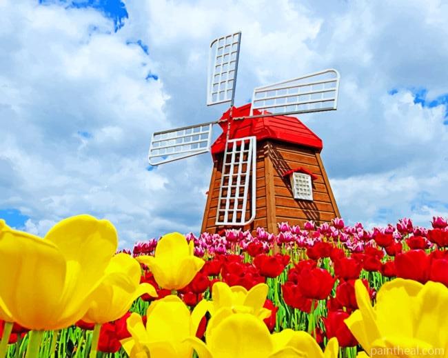 Windmill And Colorful Flowers Painting By Numbers Kits