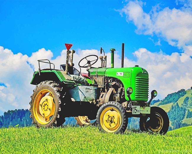 Green Tractor In Field Painting By Numbers Kits