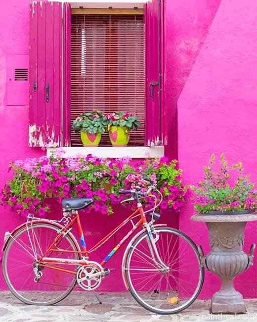Pink Wall Bike And Flowers Painting By Numbers Kits