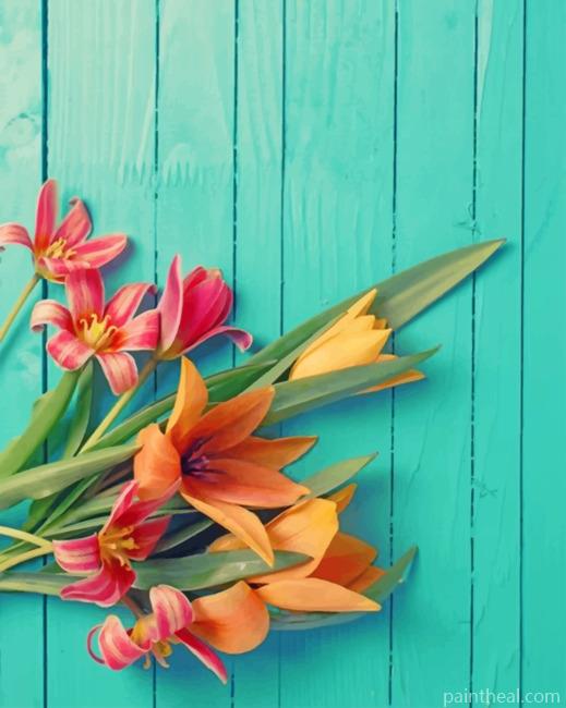 Aesthetic Flowers On Blue Board Painting By Numbers Kits