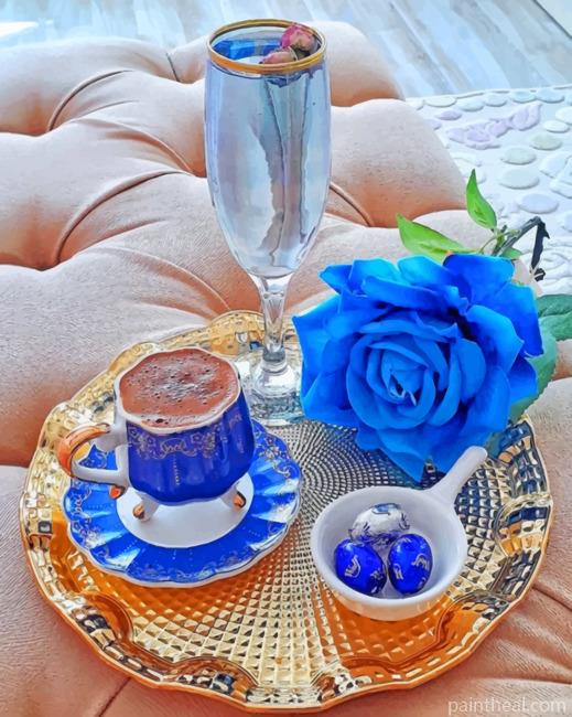 Aesthetic Coffee And Blue Rose Painting By Numbers Kits