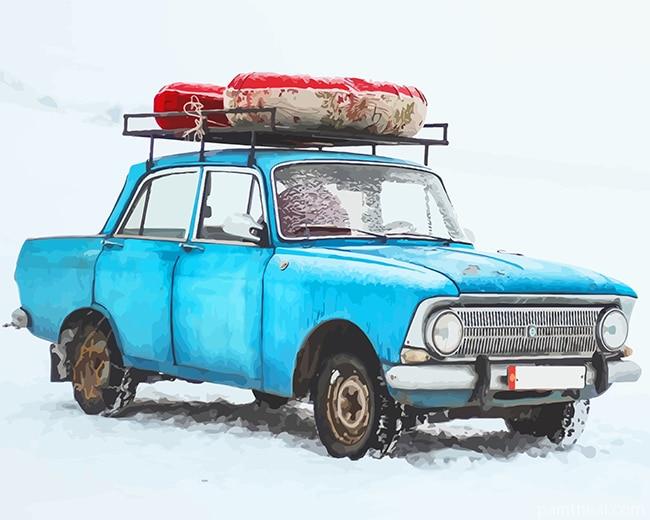 Blue Old Car in Snow Painting By Numbers Kits