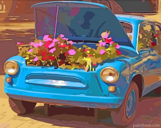Blue Car And Flowers Painting By Numbers Kits