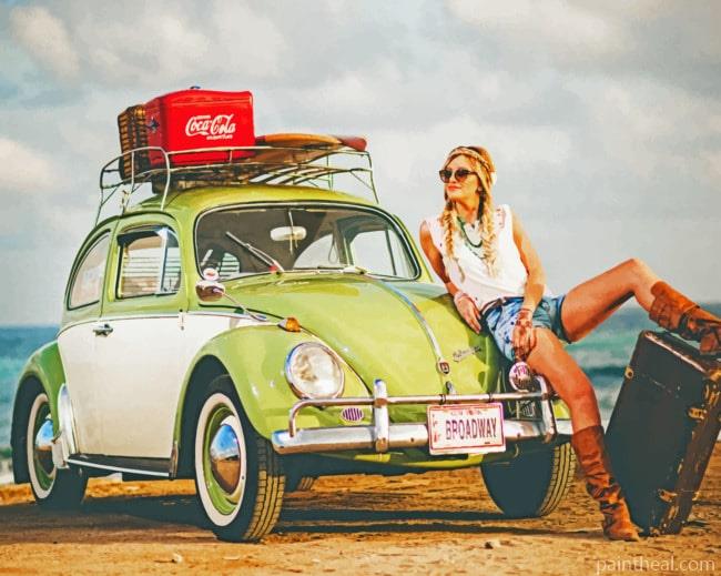 Girl On Old Fashion Car Painting By Numbers Kits
