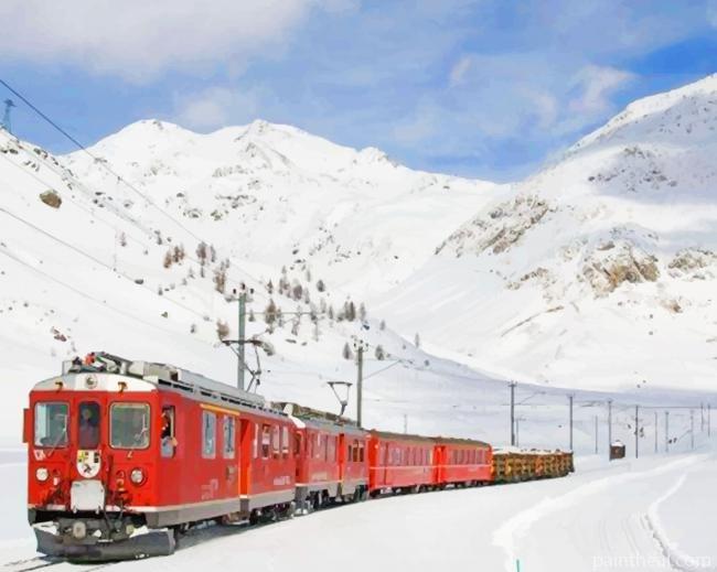 Red Train In Snowy Mountains Painting By Numbers Kits