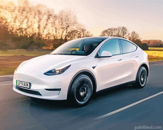 White Tesla Y Car Painting By Numbers Kits