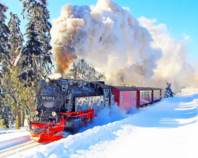 Train In Snowy Railway Painting By Numbers Kits