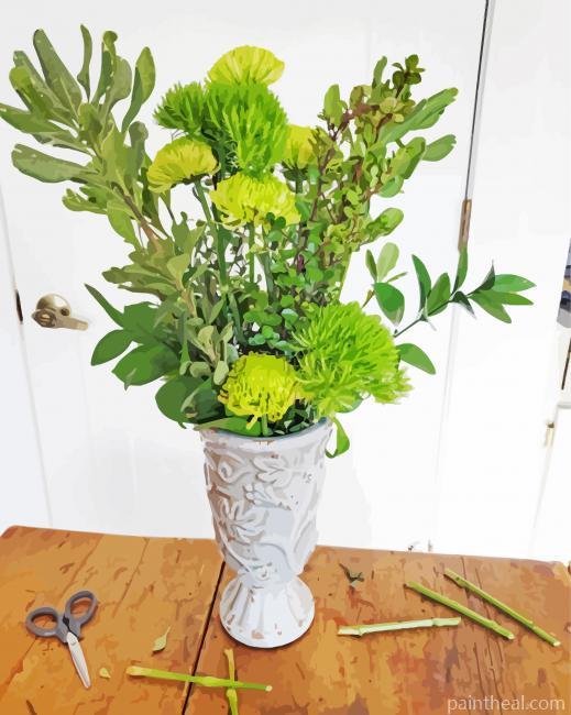 Green Flowers In Vase Painting By Numbers Kits
