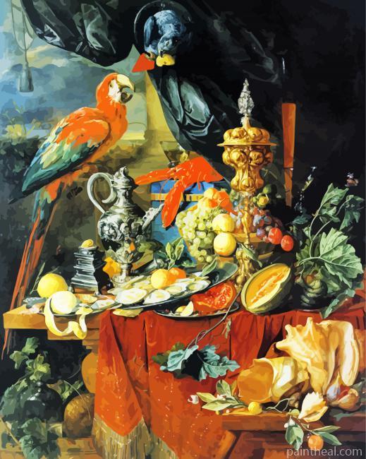 A Richly Laid Table With Parrots De Heem Painting By Numbers Kits
