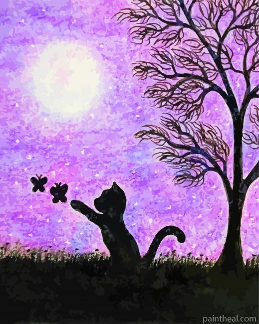 Cat With Butterflies Silhouette Art Painting By Numbers Kits