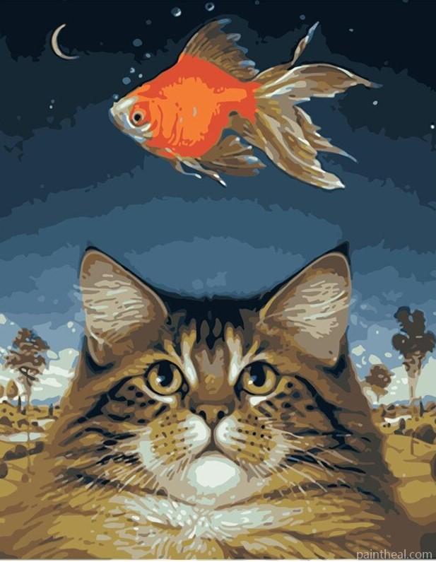 Golden Cat and Fish Animals Painting By Numbers Kits