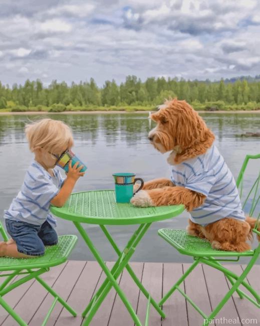 Boy Drinking Coffee With His Puppy NEW Painting By Numbers Kits