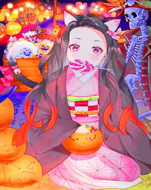 Anime Girl Enjoying The Halloween NEW Painting By Numbers Kits
