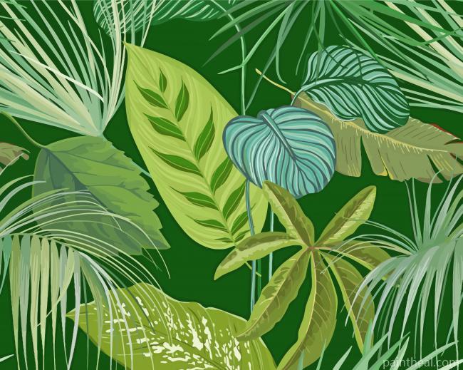 Green Botanical Background With Tropical Leaves Painting By Numbers Kits
