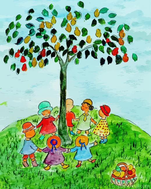 Children Playing around The Tree Painting By Numbers Kits