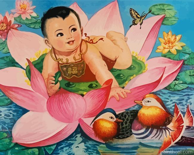 Asian Baby With Flower Painting By Numbers Kits