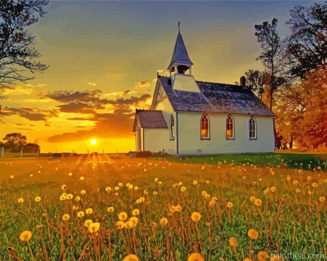 Country Church At Sunset Painting By Numbers Kits