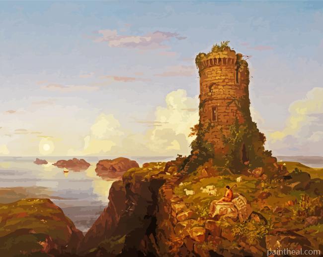 Italian Coast Scene With Ruined Tower Painting By Numbers Kits