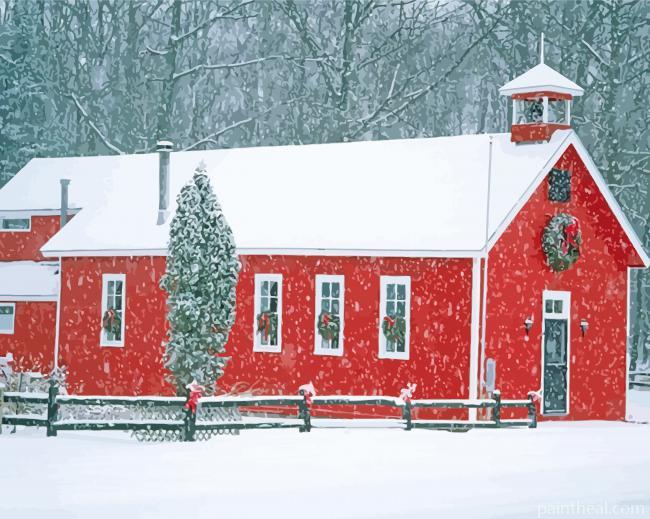 Red Barn With Snow Painting By Numbers Kits