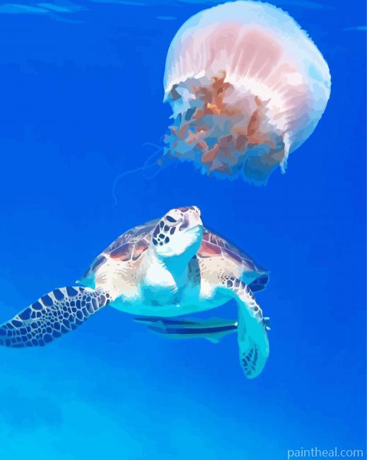 Turtle And Jelly Fish -Paint By Numbers Painting By Numbers Kits