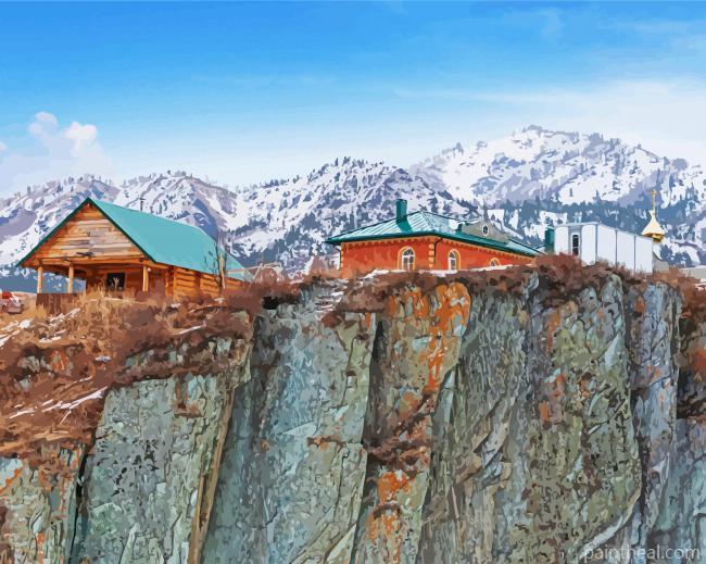 Houses On A Snowy Cliff Painting By Numbers Kits