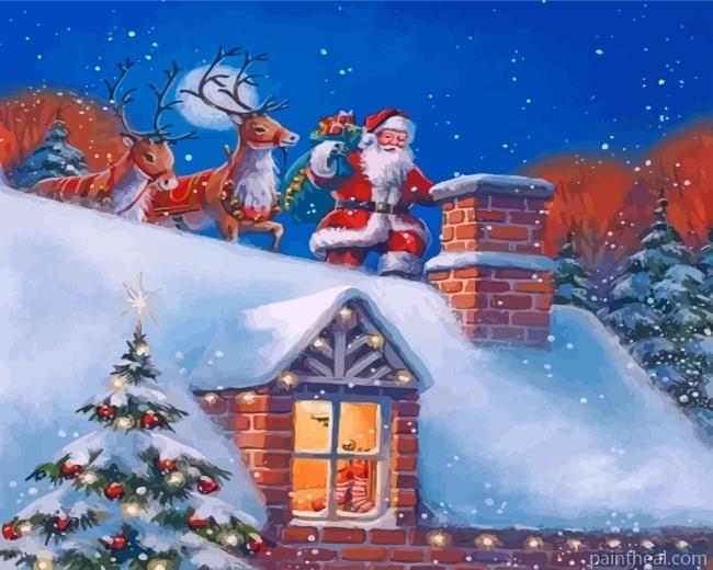 Santa And Rudolph On The Rooftop Art Painting By Numbers Kits