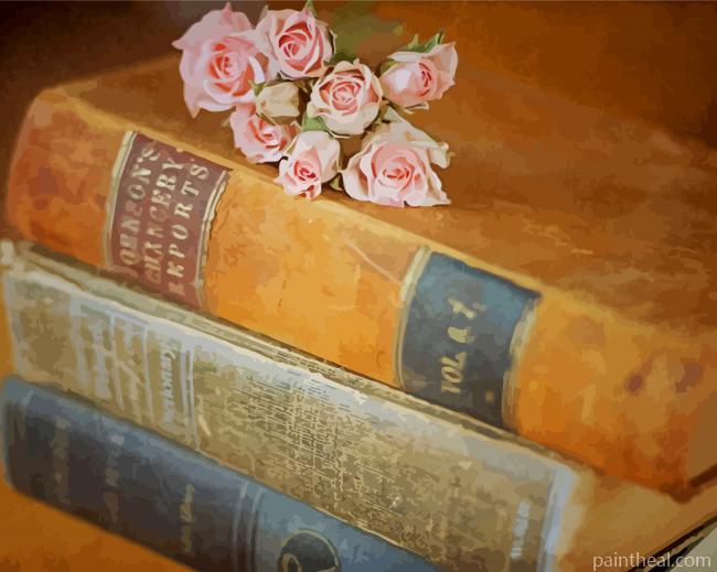 Pink Roses Bouquet On Books Painting By Numbers Kits