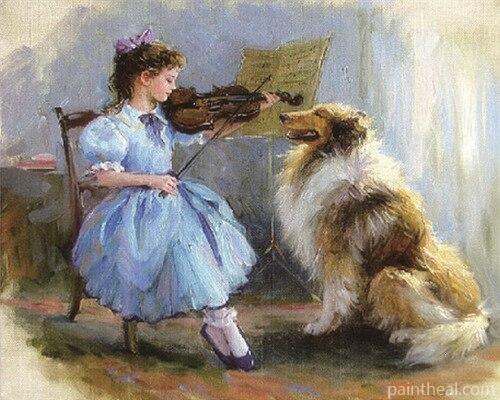 Girl Plays Violin For a Dog People Painting By Numbers Kits