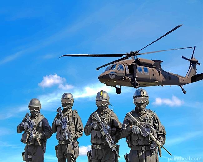Soldiers Carrying Rifles Near Helicopter Painting By Numbers Kits