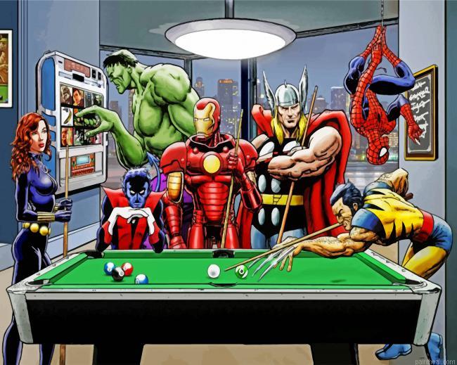 Superheroes playing pool painting by numbers.jpeg