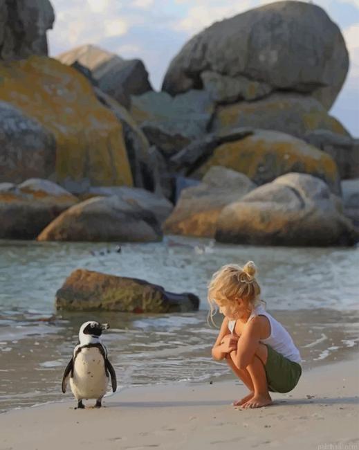 A little girl trying to talk to a penguin painting by numbers.jpeg