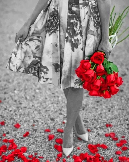 Black and white woman with red flowers new painting by numbers.jpeg