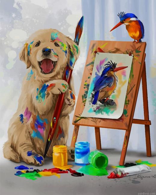 Puppy drawing his woodpecker friend painting by numbers.jpeg