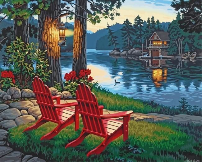 Red chairs by lake painting by numbers.jpeg