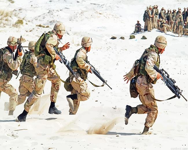 Soldier holding rifle running on white sand painting by numbers.jpeg