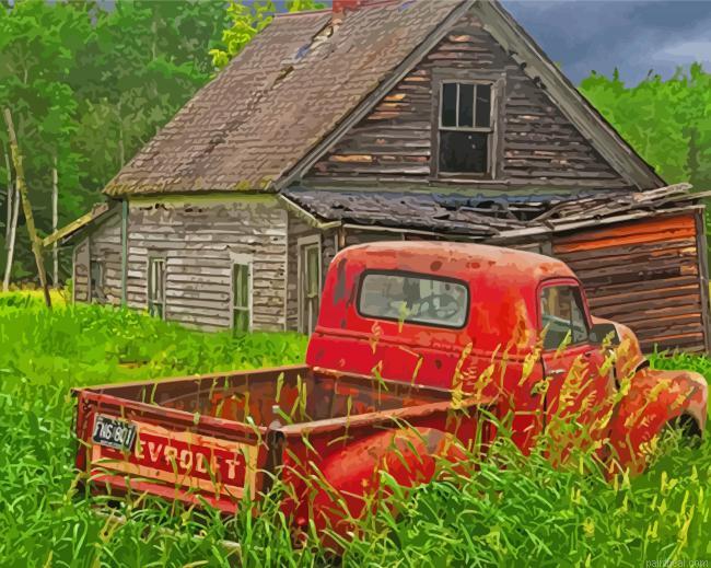 Aesthetic old chevy trucks and barn painting by numbers.jpeg