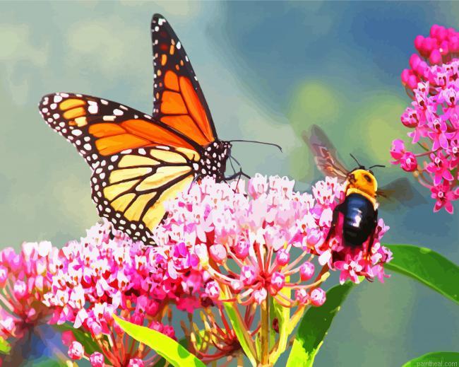 Butterfly and bee on pink flower painting by numbers.jpeg