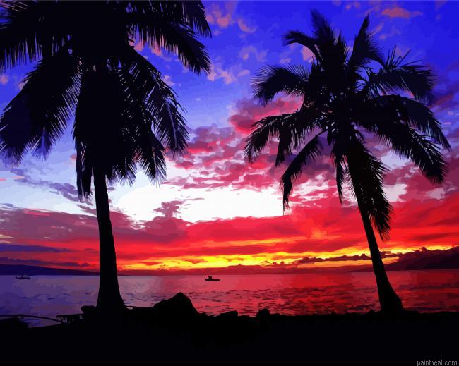 Canoe at sunset with palm trees painting by numbers.jpeg