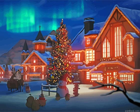 Christmas snow night with aurora lights painting by numbers.jpeg