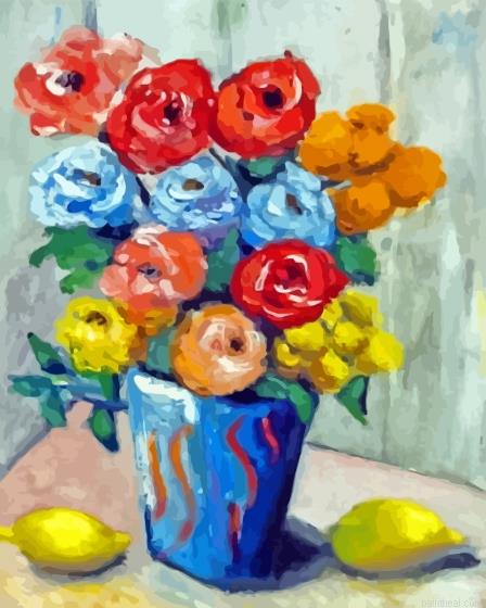 Colorful flowers in blue vase with lemons painting by numbers.jpeg