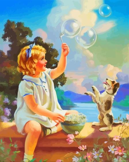 Little girl blowing bubbles with dog painting by numbers.jpeg