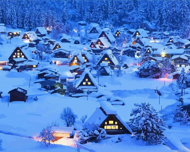 Night snow in japan shirakawa village painting by numbers.jpeg