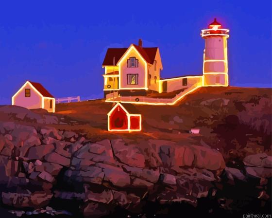 Nubble lighthouse york maine with christmas lights painting by numbers.jpeg