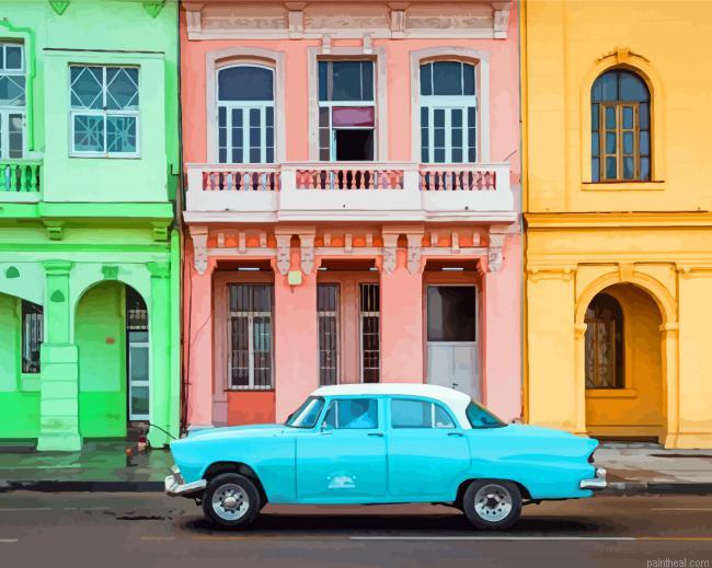 Old pastel blue car with colorful building painting by numbers.jpeg