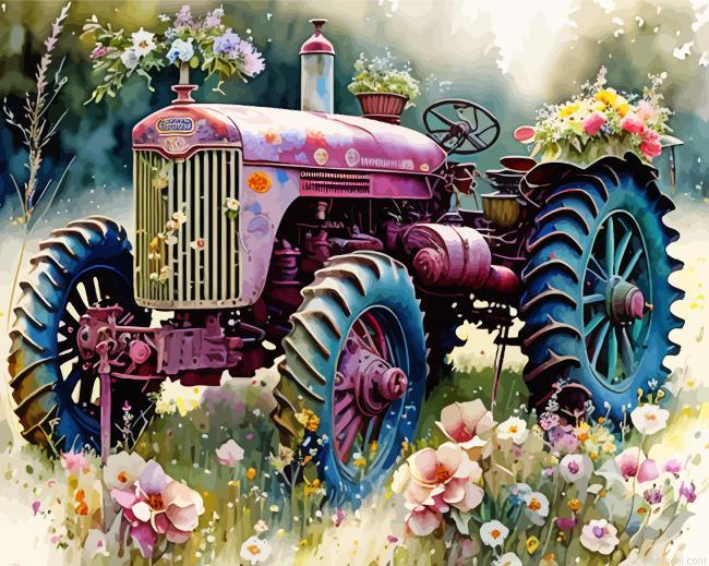 Old pink tractor and flowers painting by numbers.jpeg