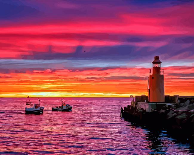 Pink sunset with boats and lighthouse painting by numbers.jpeg