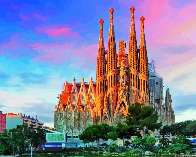 Sagrada familia with pink sky painting by numbers.jpeg