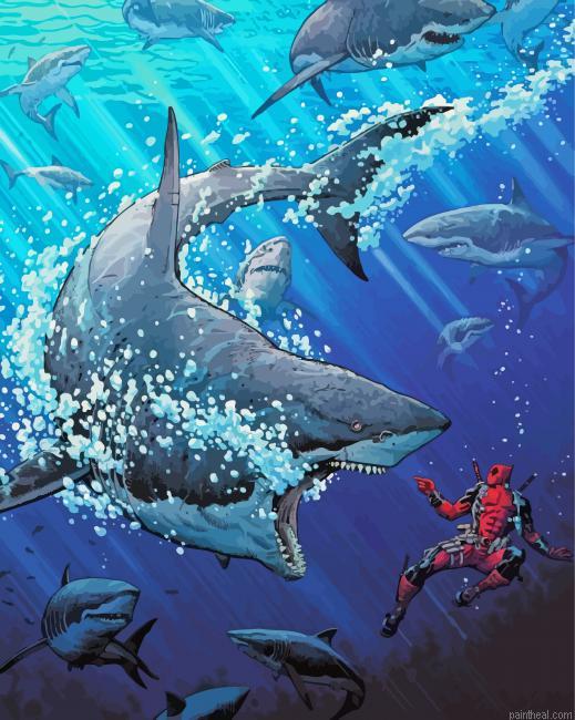 Sharks and deadpool cartoon painting by numbers.jpeg