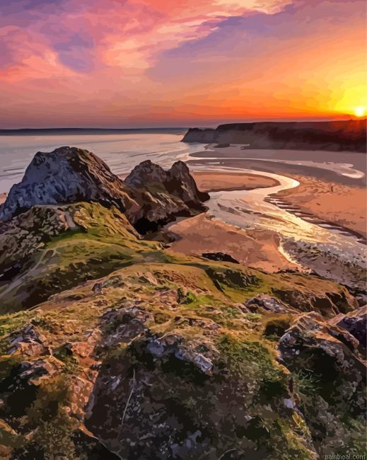 Sunset at three cliffs bay painting by numbers.jpeg